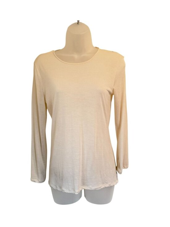 Vince Tops - Vince Sheer Crewneck Long Sleeve Top Beige Snap Collar Detail Women's